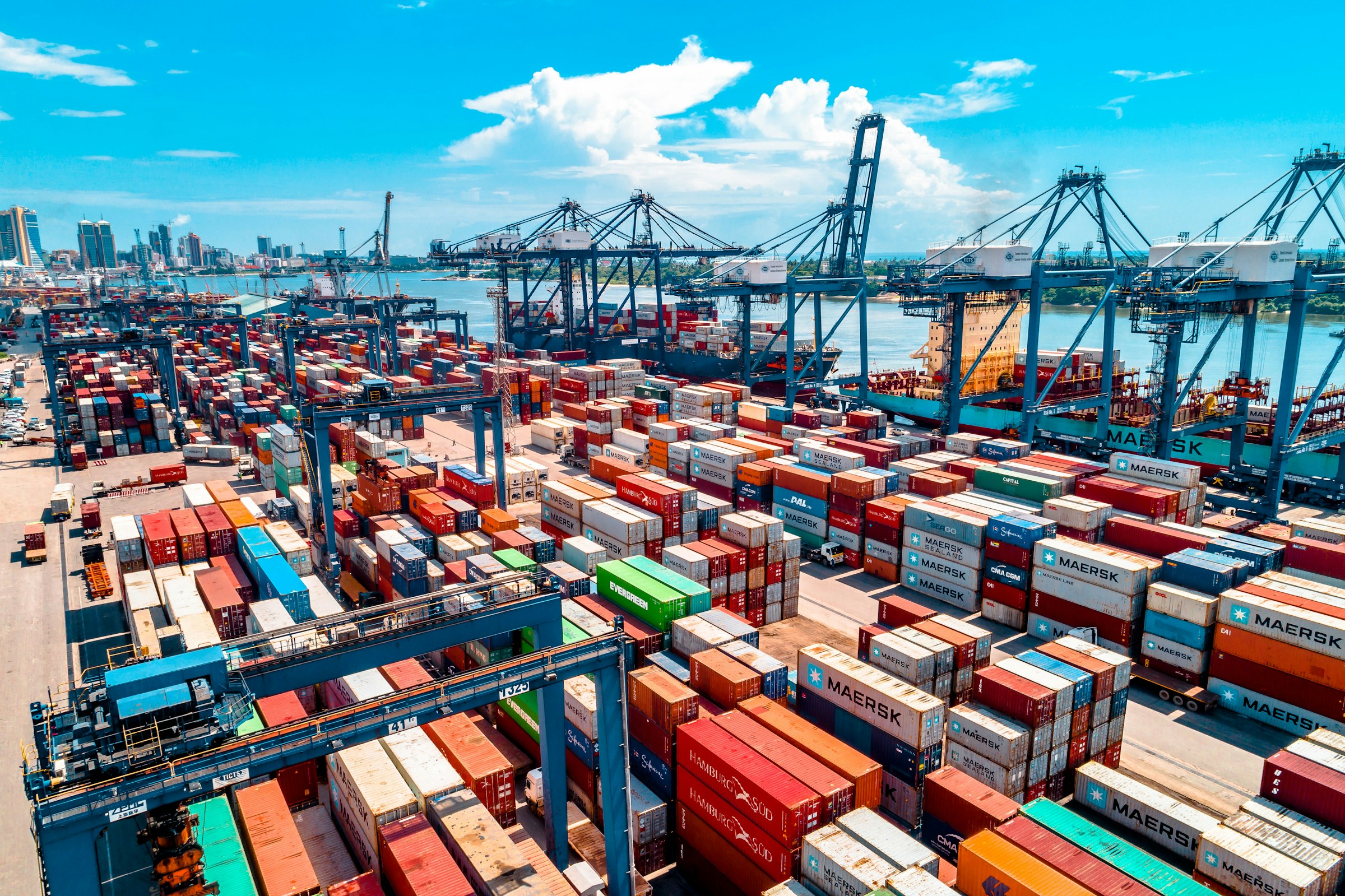 Container vessel and port cranes in Dar es Salaam